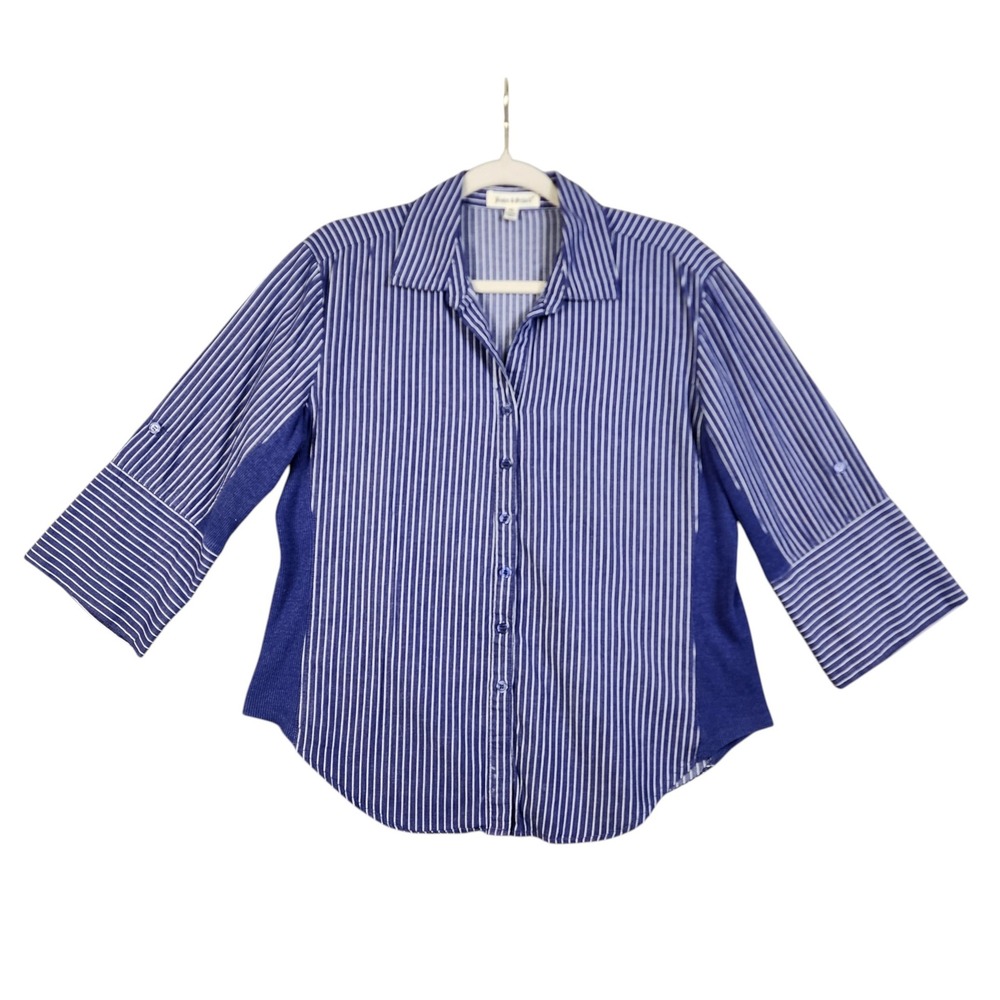 Hester & Orchard Womens Blue White Striped Roll Tab Button Down Shirt Size XL